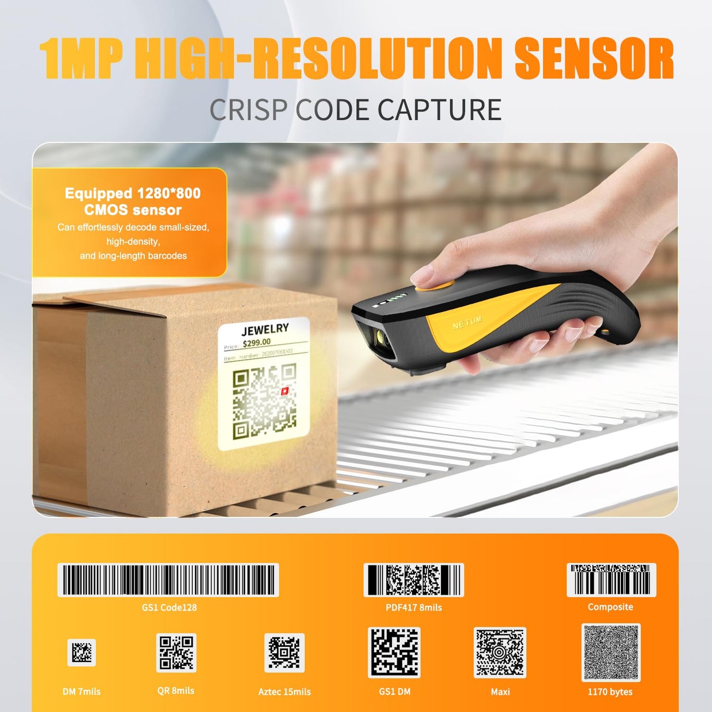 NETUM CS7501 QR Code Scanner – Upgraded Bluetooth Barcode Scanner, Mini Portable 1D & 2D Barcode Reader for Inventory Management, Cordless Image Scanner for Tablets, Android, iOS, PC, and POS Systems