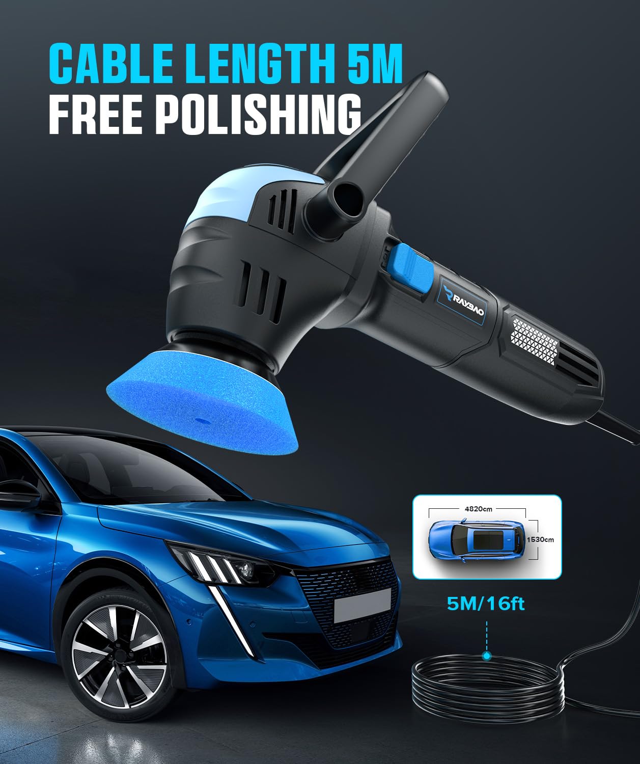 Mini Polisher, 2inch/ 3inch 750W Car Buffer with 12mm Random Orbital-Improve Work Efficiency by 35%, with 16pcs Trapezoidal Polisher Pads &16.4 ft Cord, for Car Detailing and Waxing