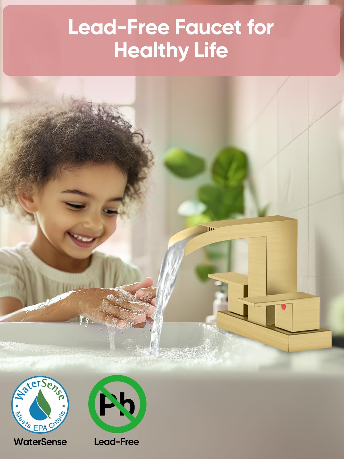 Cobbe Waterfall Bathroom Faucets 3 Hole, Brushed Gold Bathroom Sink Faucet Square 4 Inch Centerset with Pop-Up Drain, 2 Handle and 2 Supply Hoses, Lead-Free Stainless Steel for Vanity Sink Rv