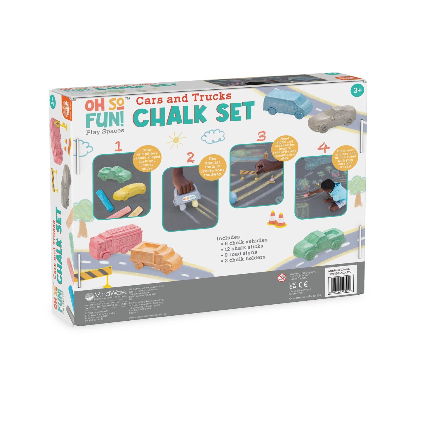 MindWare Oh So Fun! Cars and Trucks Sidewalk Chalk Set - Great Chalk For Toddlers Including Chalk Holders For Kids Ages 3+
