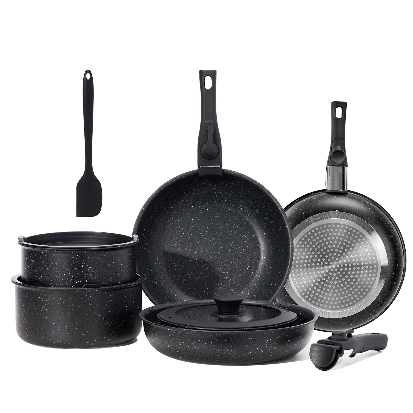 NEWBULIG 12-Piece Nonstick Cookware Set, Detachable Handle Pots and Pans, Induction Compatible Cookware, Dishwasher & Oven Safe, Space-Saving Kitchen Set, Black