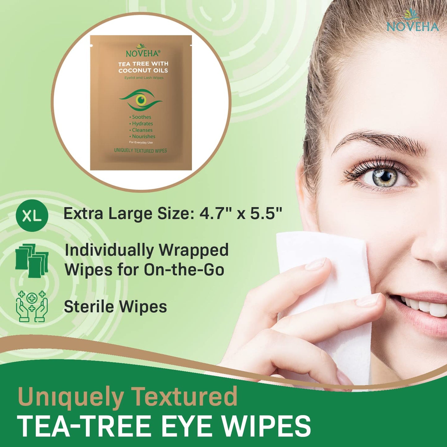 NOVEHA Tea Tree & Coconut Oil Eyelid & Lash Wipes | For Demodex, Blepharitis & Itchy Eyes - Effective Eyelash Wipes With Aloe Vera, Natural Makeup Remover & Daily Eye Cleanser - 60PCS (Pack of 3)