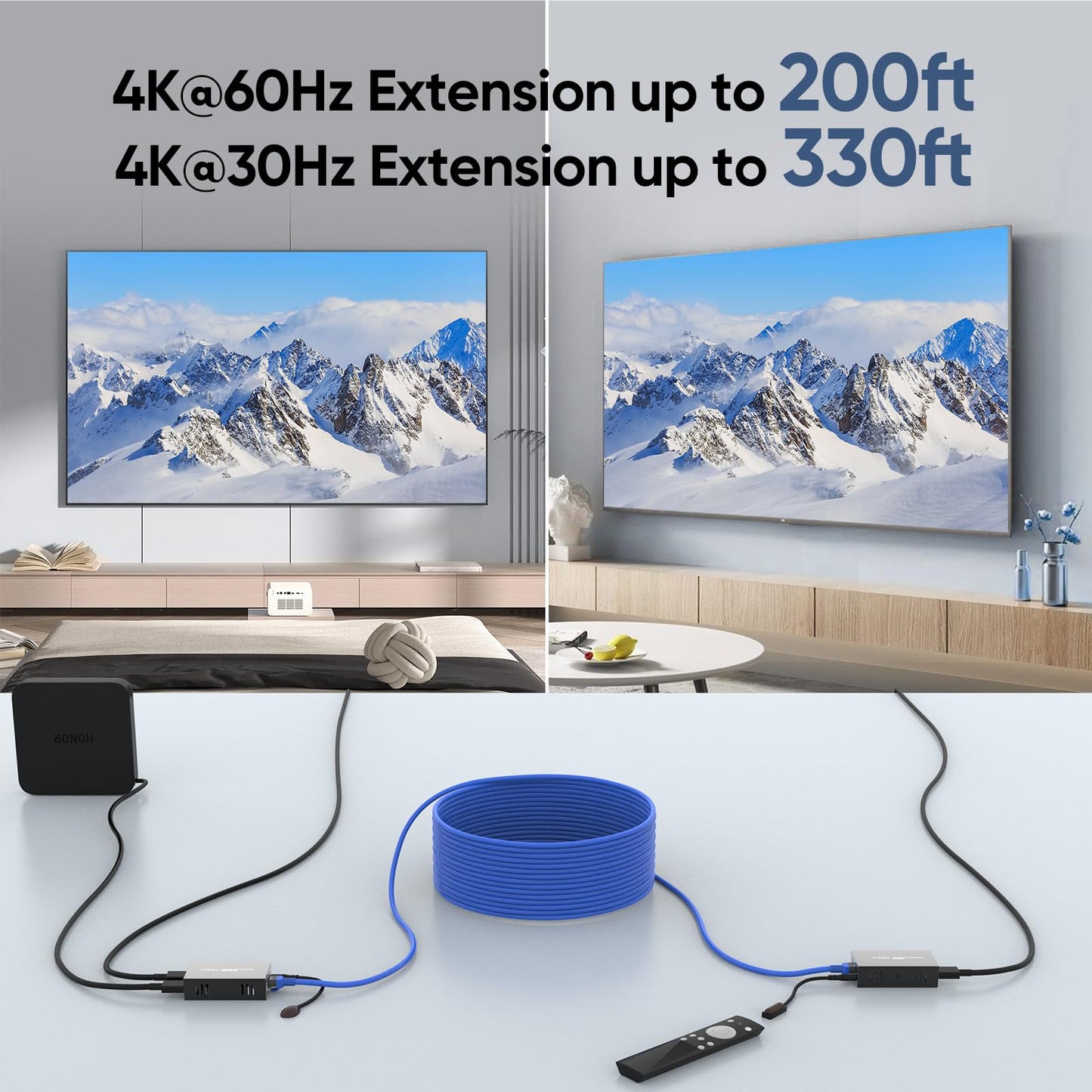 4K@60Hz HDMI Extender Over Ethernet (Cat7/Cat6/Cat5e) up to 200ft/330ft - Ultra HD Signal, Seamless Transmission, EDID and POE Support (Transmitter & Receiver)