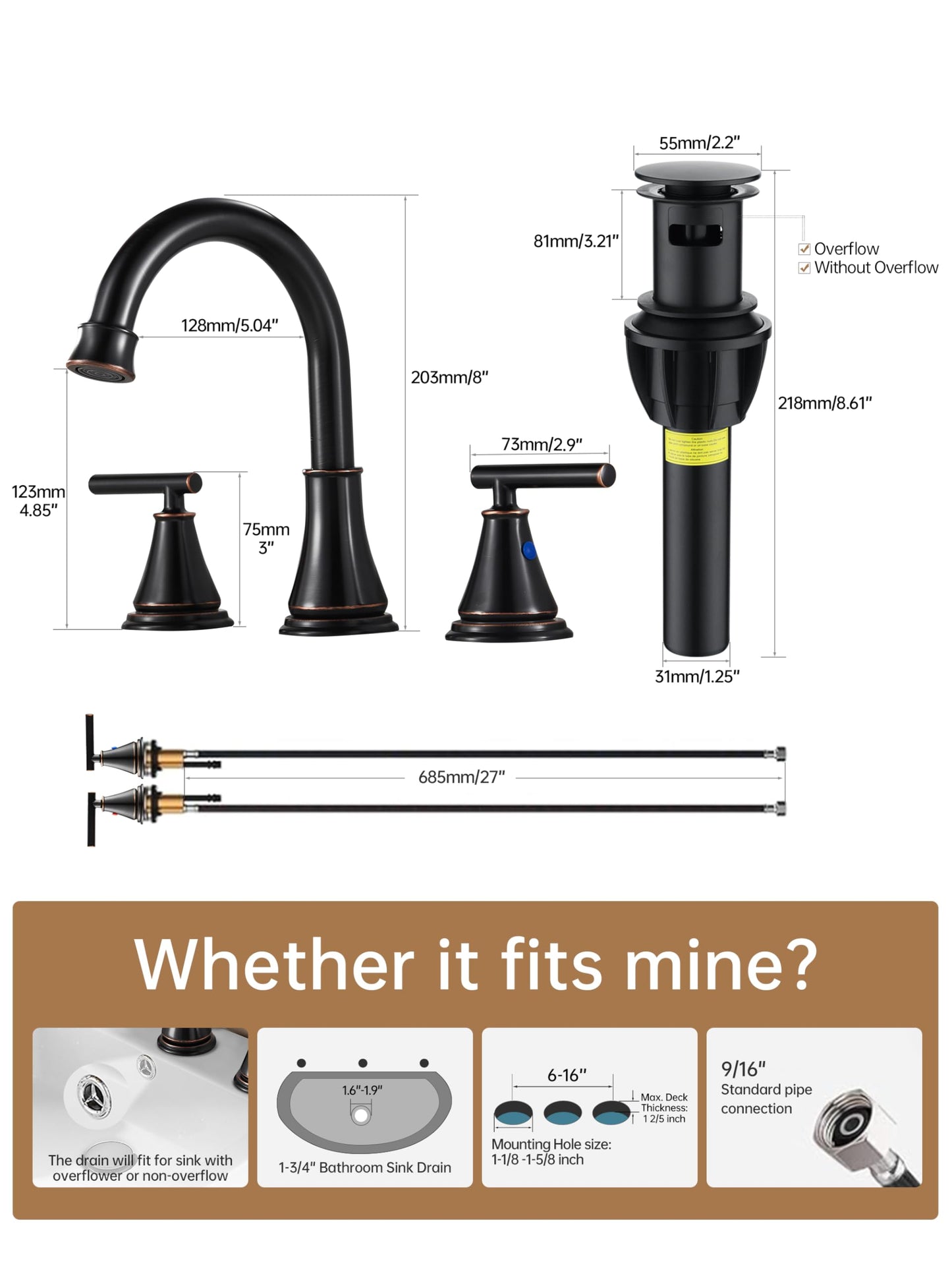 Fransiton Bathroom Sink Faucet 3 Hole, Oil Rubbed Bronze Bathroom Vanity Faucet for Lavatory Sink with Pop-Up Drain, 8 Inch Widespread, 2 Handle Basin