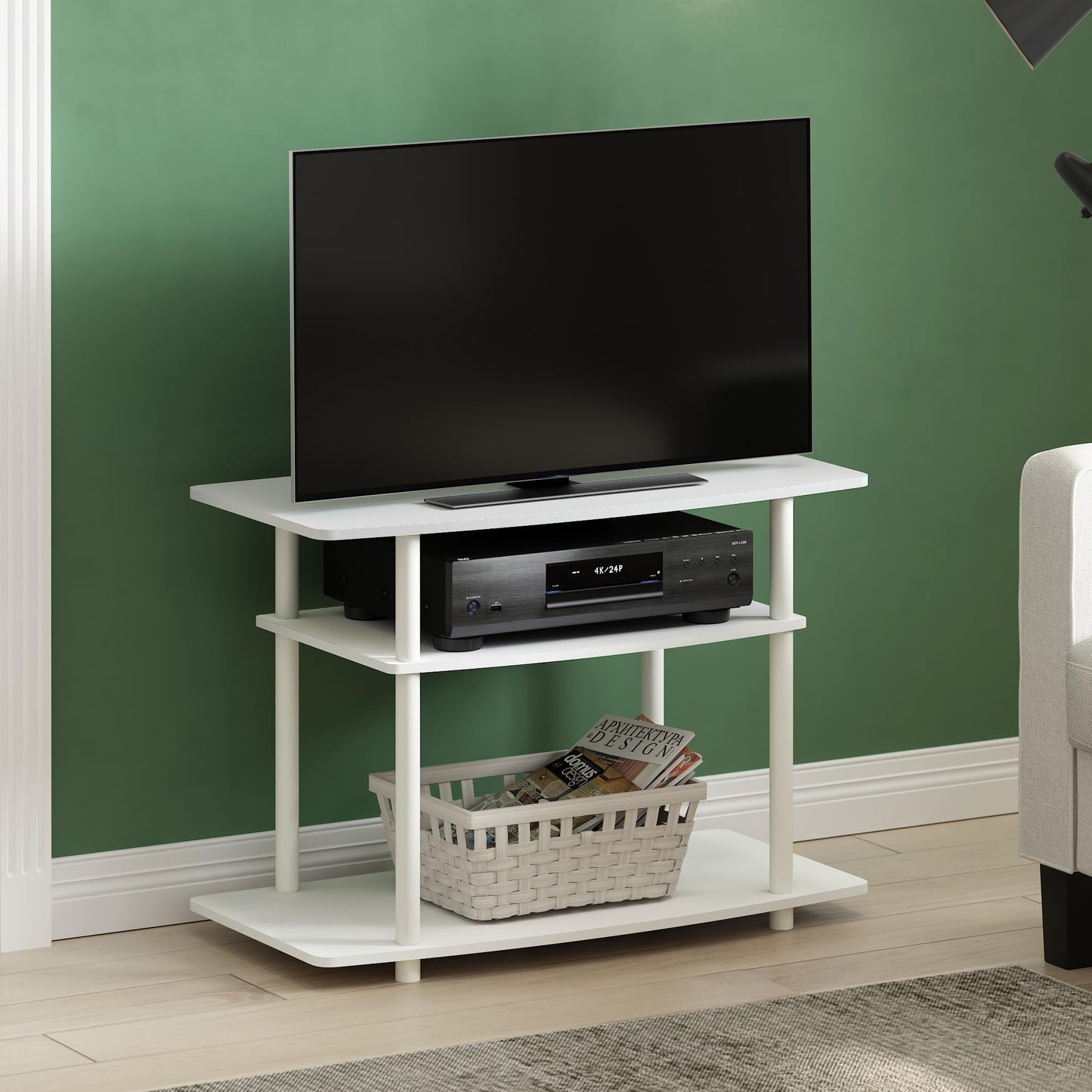 Furinno Turn-N-Tube TV Stand, 3-Tier No Tools Entertainment Center, TV Console for TV up to 32 Inch, for Living Room, Bedroom, White
