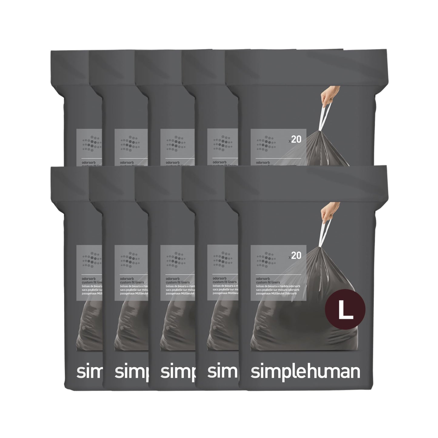 simplehuman Code L 200 Count Odorsorb® Custom Fit Liners, Drawstring Odor Absorbing Trash Bags, One-by-One Mess-Free Dispense, Extra Thick & Double Seamed, 50% PCR Plastic, 18 Liter / 4.7 Gallon