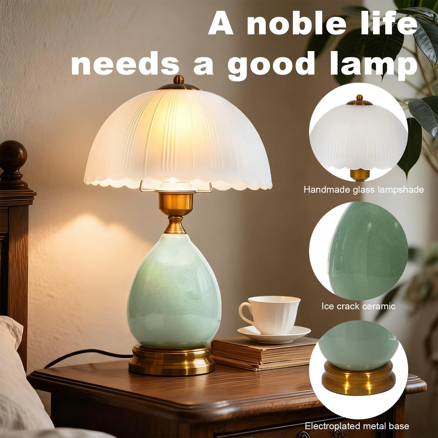 WELAISA Table Lamps Ceramic Retro Lamp for Living Room,16.73" Modern Bedside Nightstand Traditional Lamps, Classic Chinoiserie Green Glass Lamp for Home (French Country)