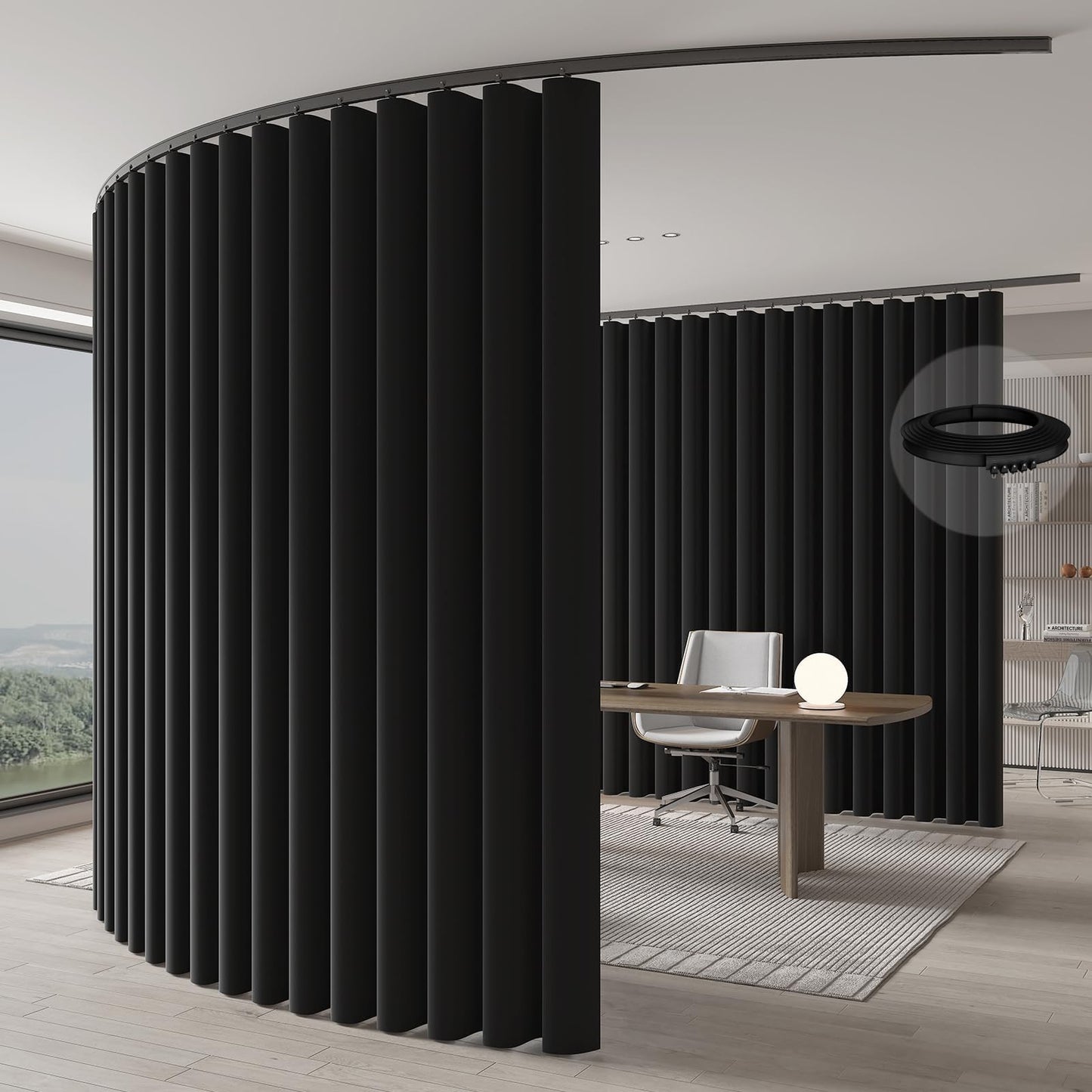 JILRON Room Divider Curtain Ceiling Curtain Track Set for Blackout and Privacy (Black Curtain + Black Track) 106" W x 84" L -1 Piece