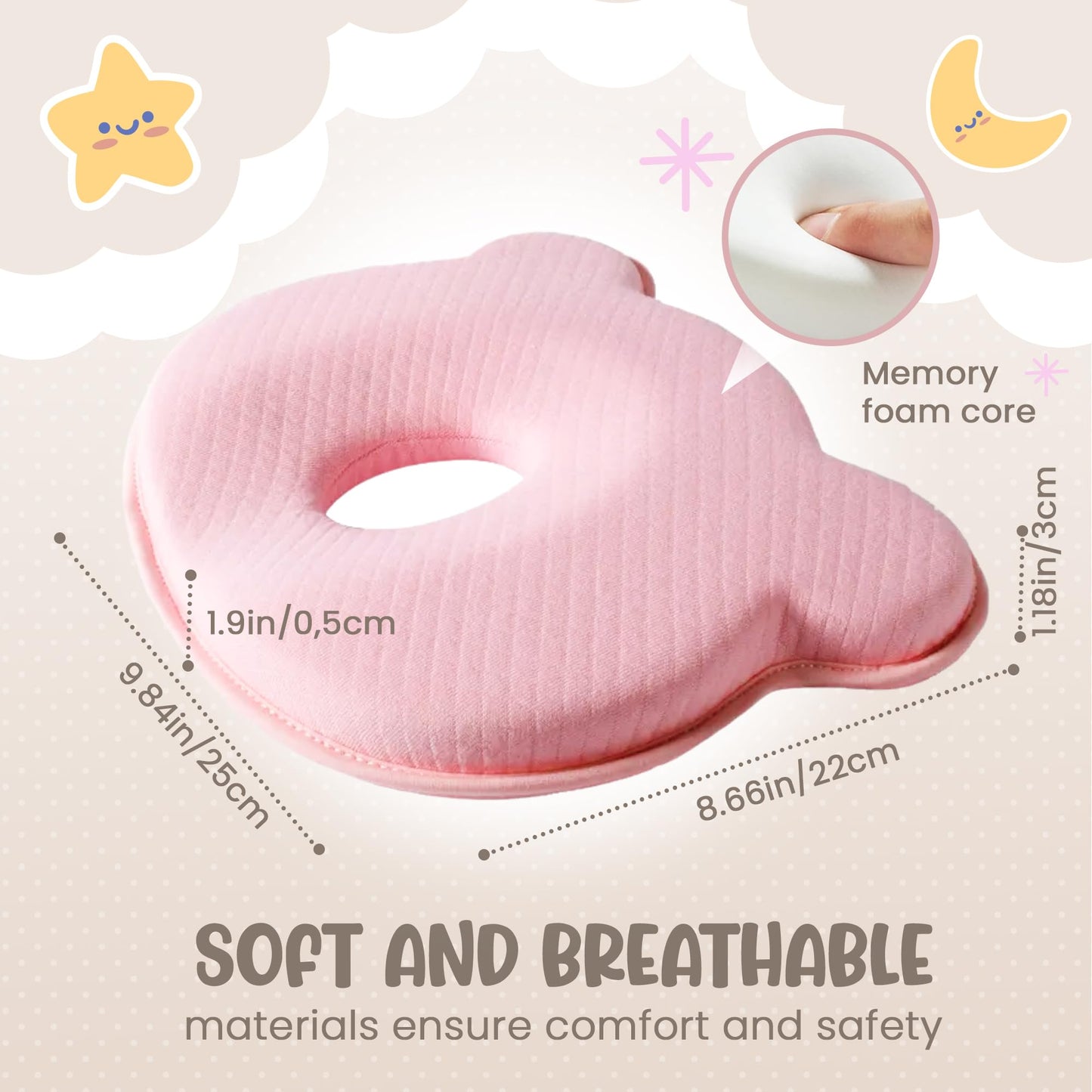 MarBoost Soft and Breathable Baby Pillow with Memory Foam and Bear Design (Pink)