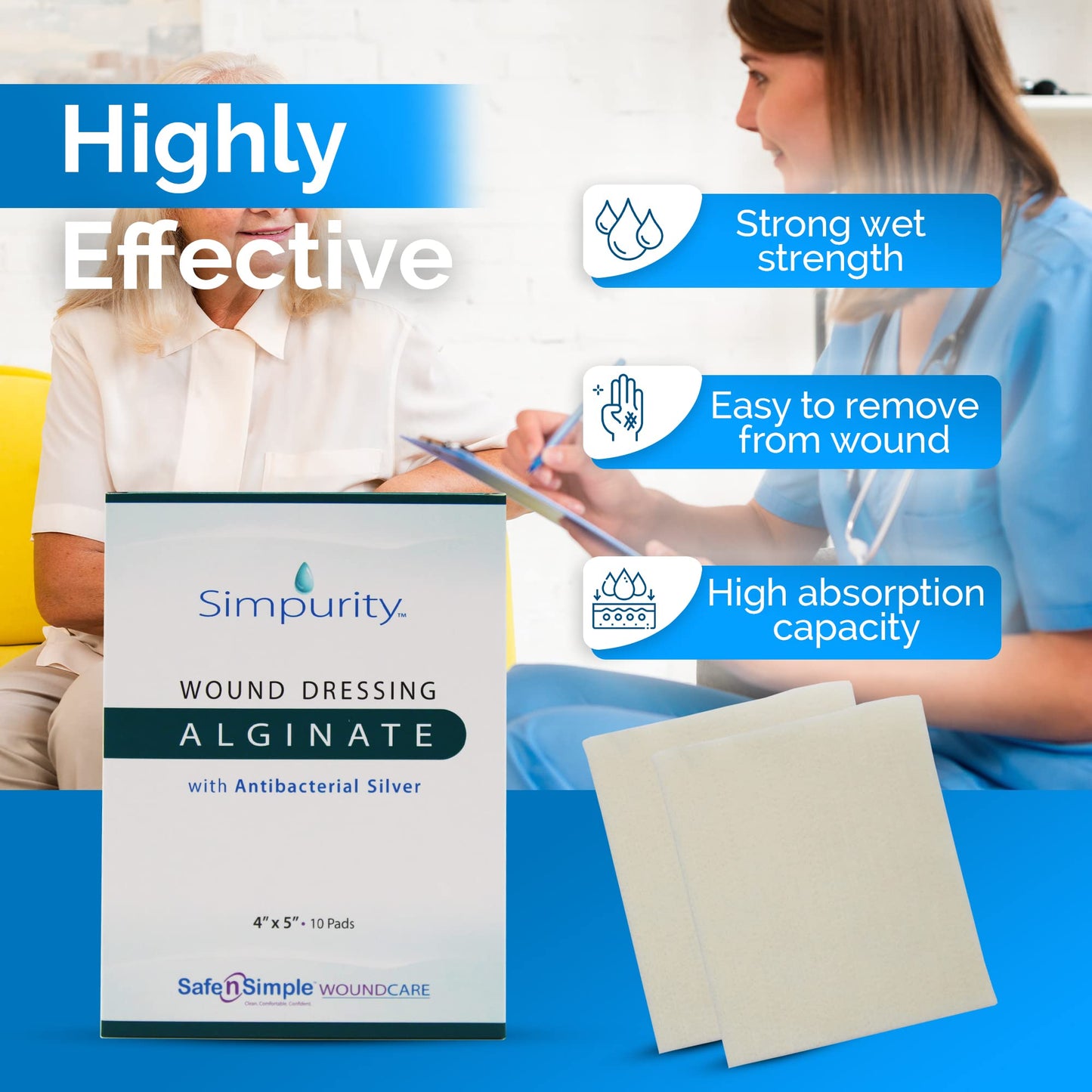 Simpurity Alginate Wound Dressing First Aid with Antimicrobial Silver, 4" x 5", Box of 10 - Calcium Alginate Dressing