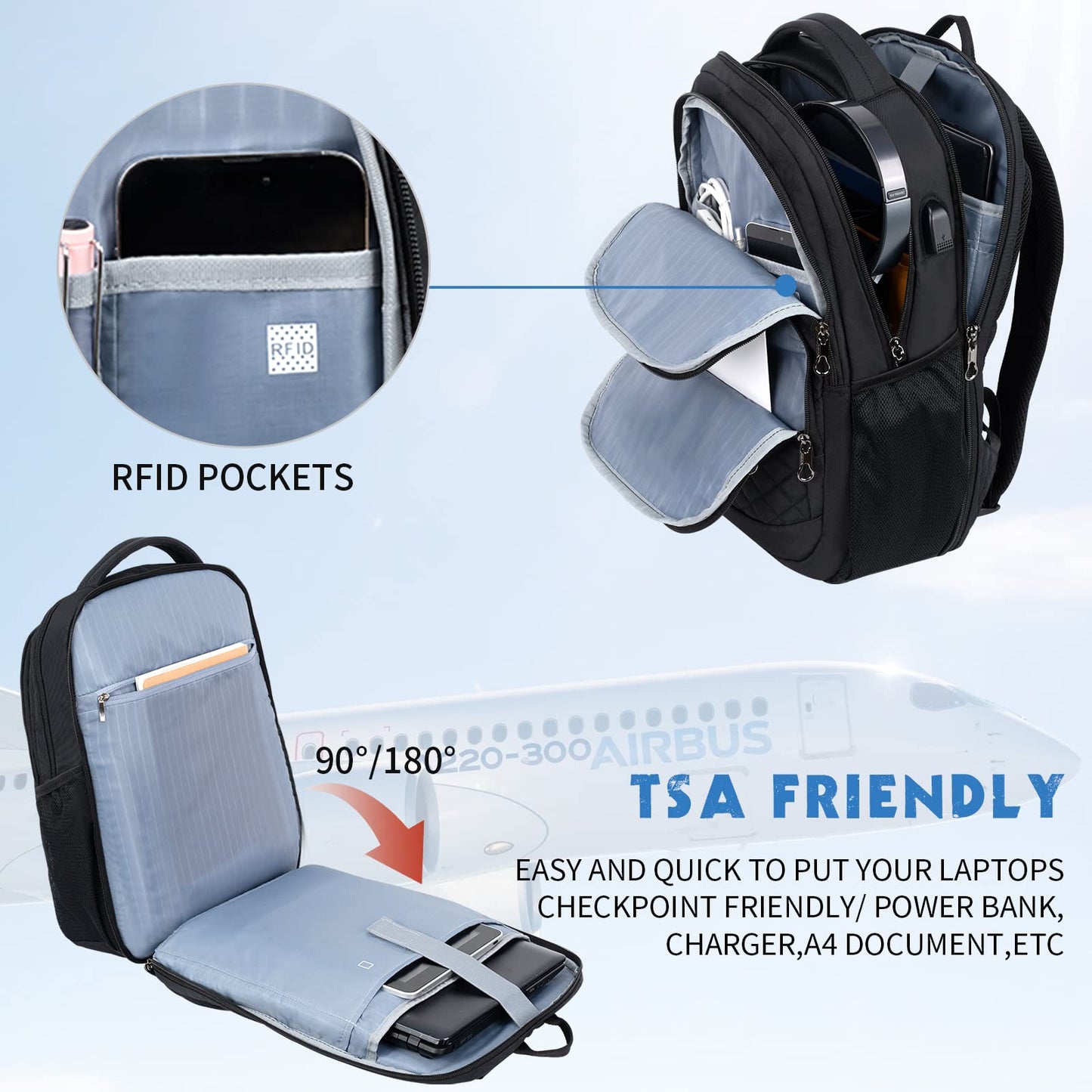 KROSER Travel Laptop Backpack 17 Inch Large Computer Backpack Water-Repellent Daypack with USB Charging Port RFID Pockets for Work/Business/College/Men/Women(Quilted)