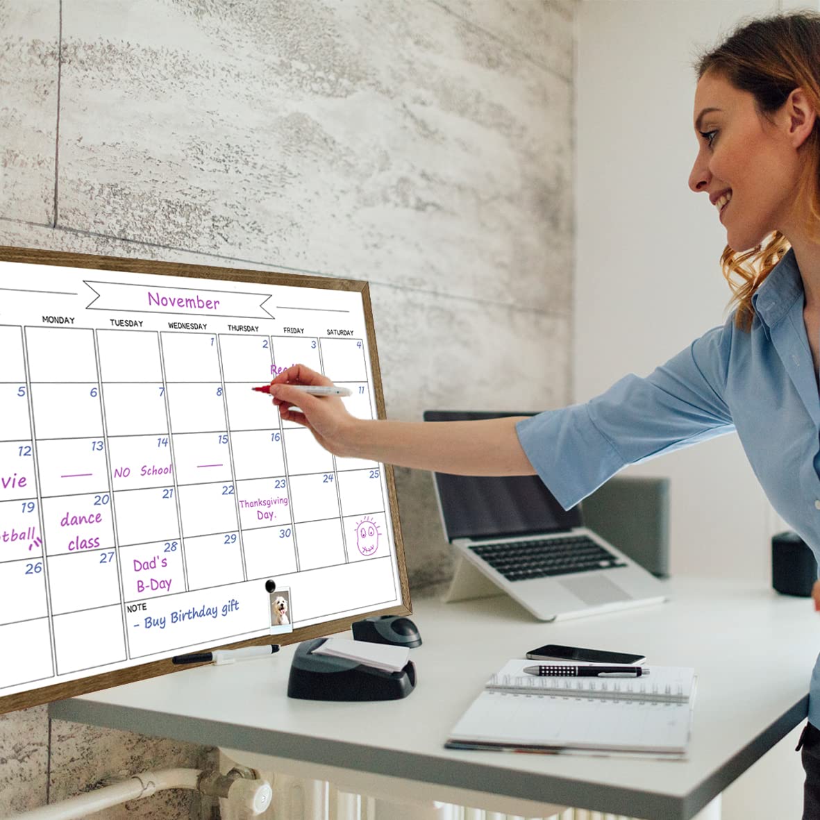 TORASO Dry Erase Monthly Calendar Board, Solid Pine Wood Rustic Brown Frame Magnetic Surface Whiteboard for Wall，23.6"x 31.5"(YLBB-B-RB-6080)