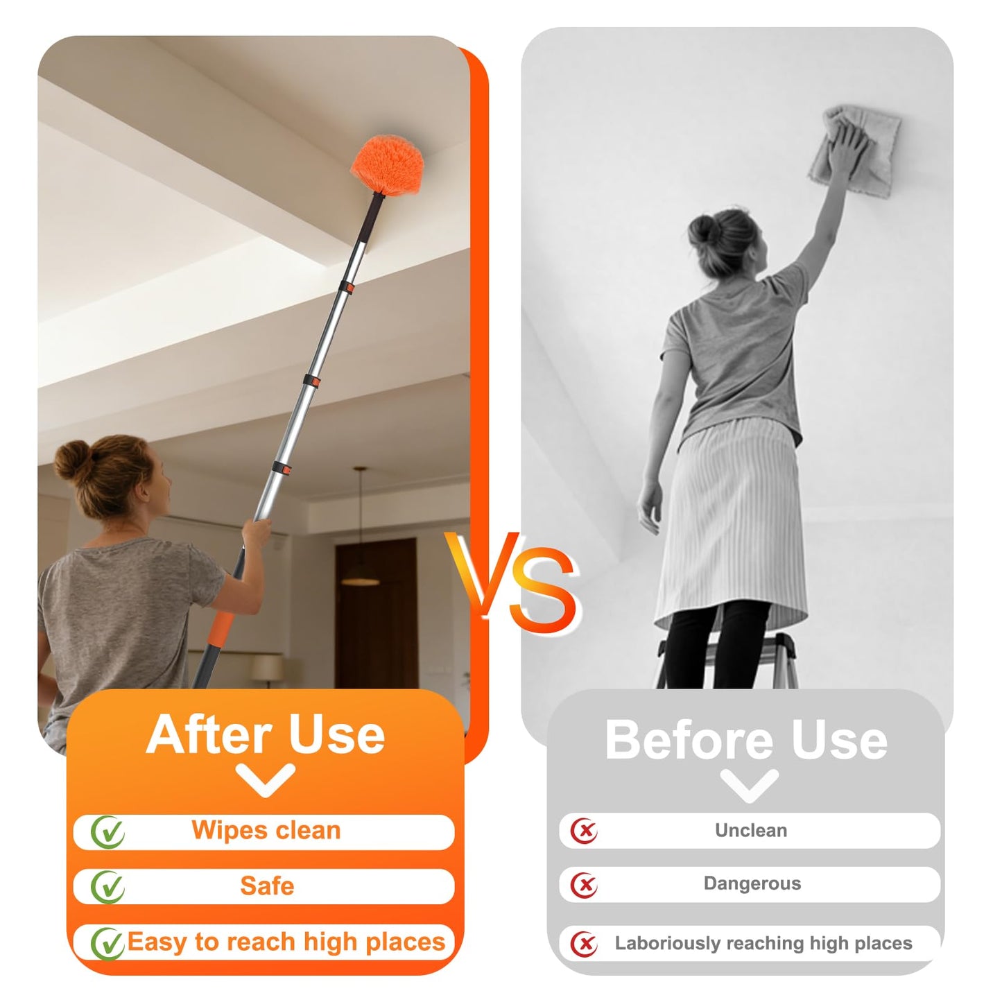 LAANPOLE 26FT Reach Dusters for Cleaning, Ceiling Fan Cleaner Duster with Extension Pole, Wall and Baseboard Cleaner Mop with Handle for Window Cobweb Fan Blade and High Ceiling