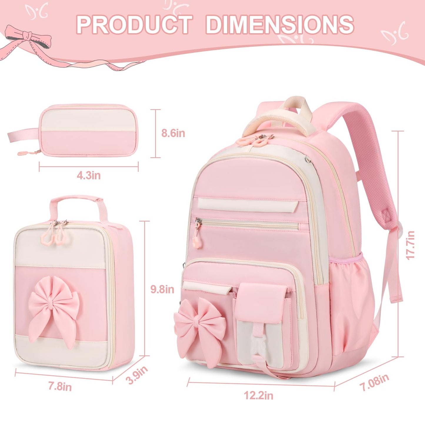 DIGOBAY Backpack for Girls, 3PCS Girls Backpack for School with Lunch Bag Pencil Case, Cute Kids Teens Bookbag for Kindergarten Elementary Preschool Middle School (Pink)