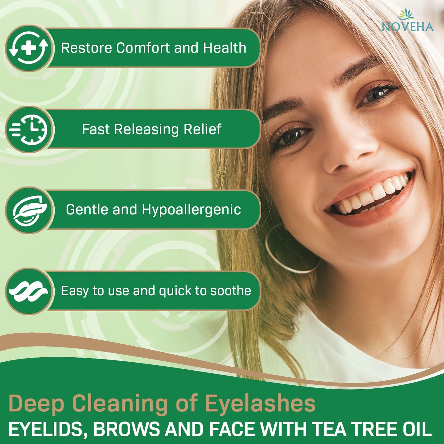 NOVEHA Tea Tree & Coconut Oil Eyelid & Lash Wipes | For Demodex, Blepharitis & Itchy Eyes - Effective Eyelash Wipes With Aloe Vera, Natural Makeup Remover & Daily Eye Cleanser - 60PCS (Pack of 3)