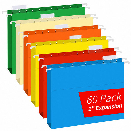 Extra Capacity Hanging File Folders, RAZCC 60 Pack Letter Size Reinforced Hanging Folders with Heavy Duty 1 Inch Expansion for Bulky Files, Filing Cabinet, Adjustable Tabs, Assorted Colors