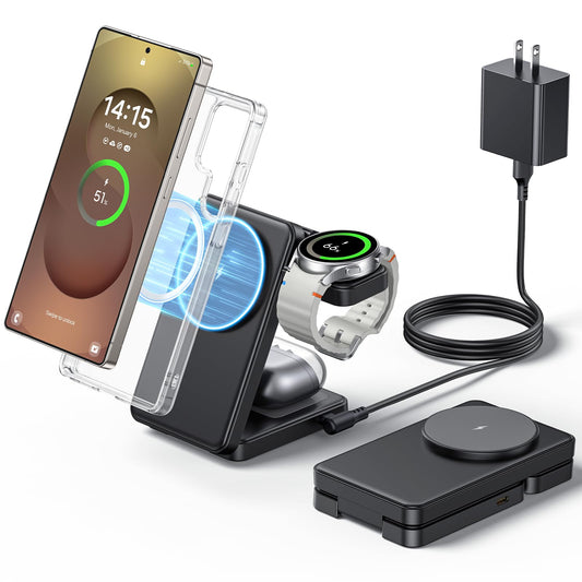3 in 1 Magnetic Foldable Wireless Charger for Samsung, Fast Mag-Safe Charging Station for Galaxy S25 S24 S23 Ultra Plus/Z Fold/Z Flip 7/6/5, Charger Stand for Galaxy Watch Ultra /8/7/6/5/Pro, for Buds