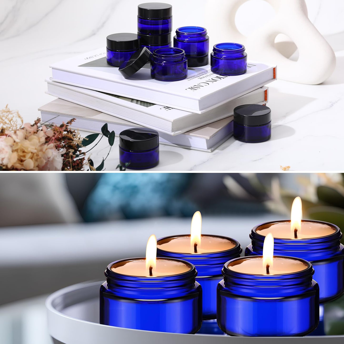 Domensi 60 Pcs 1oz Glass Jars with Lids Bulk Salve Tins Small Glass Candle Cosmetic Jars for Travel with Inner Liners Containers for Lotions Sample Cream(Cobalt Blue, Black Lid)