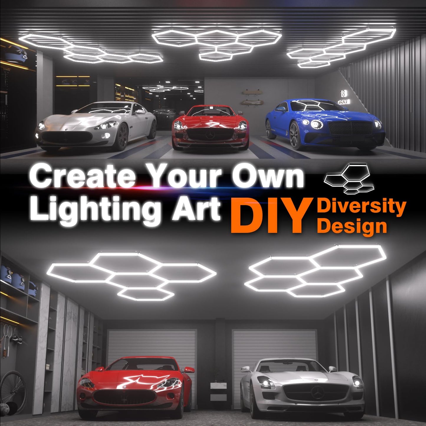 Litezone Hexagon Garage Lights : 3 Level Dimmable 168W Tube 5 Grids Hexagon LED Lights - Easy Install 6500K Super Bright Hex Lights for Garage, Home Gym, Shop, Workshop, Basement, Studio
