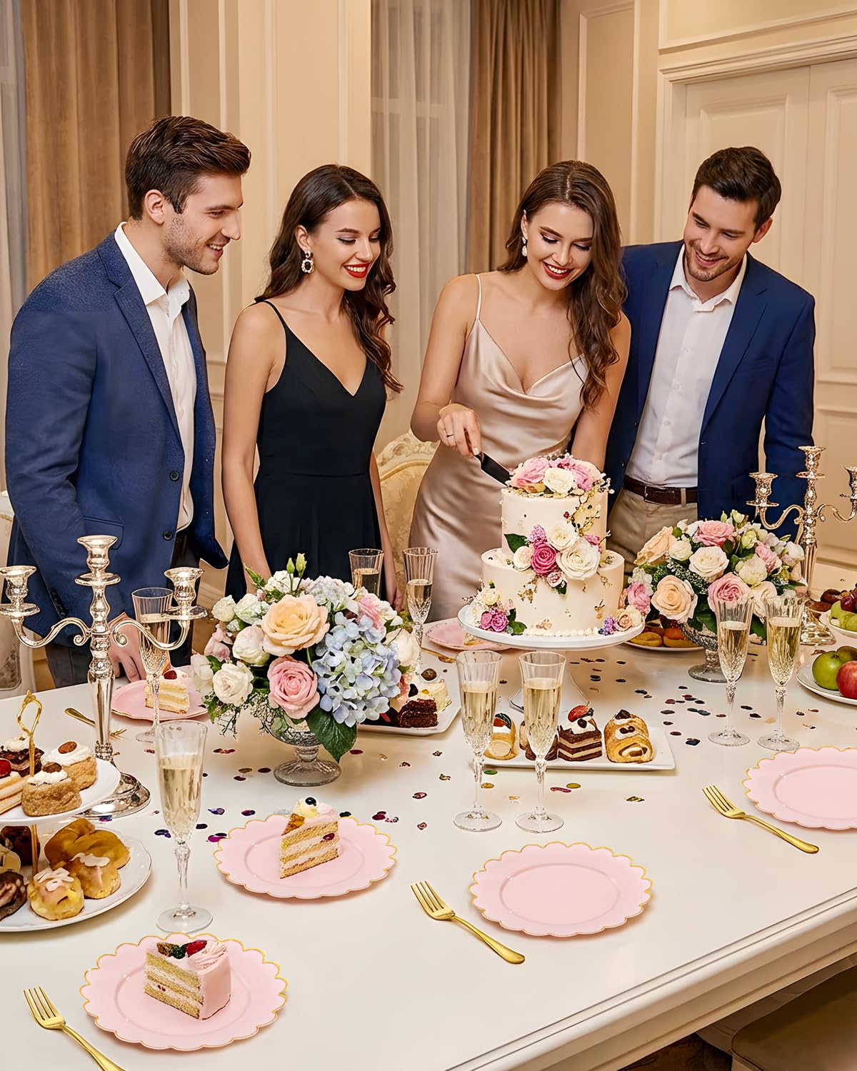 LIYH 100 Pcs 7.5" Pink Plastic Plates with Gold Disposable Pink Dessert Plates Gold Plastic Plate,Baby Shower Plate Set Suitable for Weddings Bridal Showers Afternoon Tea