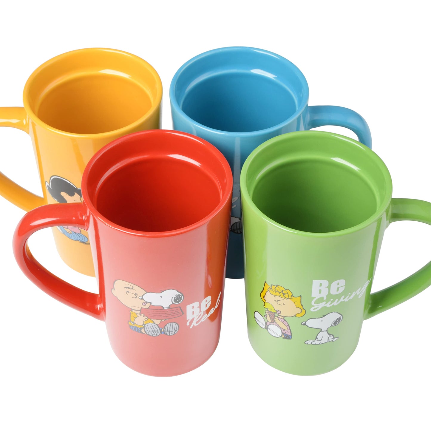 Peanuts Snoopy Gentle Reminders 18oz Stoneware Travel Cups with Lid, 4-Pack, Assorted Colors, Reusable Coffee Mug Set