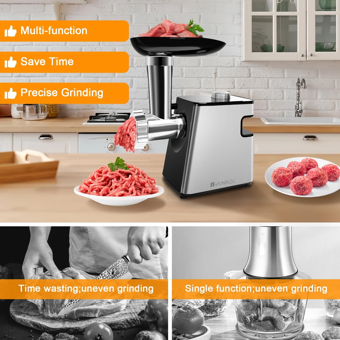 XFCNIKOU Electric Meat Grinder, Cheese Grater, 2800W Max Stainless Steel Veggie Shredder, Vegetable Cutter with 5 Slice Blades, 3 Grinding Plates, Sausage Stuffer & Kubbe Kit, for Home Kitchen Use
