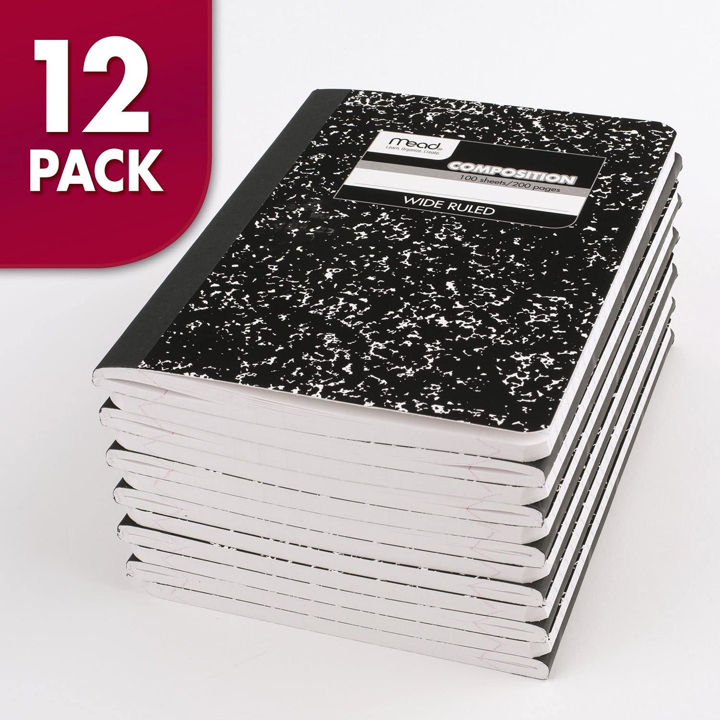 Mead Composition Notebook, Wide Ruled Paper, 7.5" x 9.75", 100 Sheets, Black Marble, 12 Pack (72936)