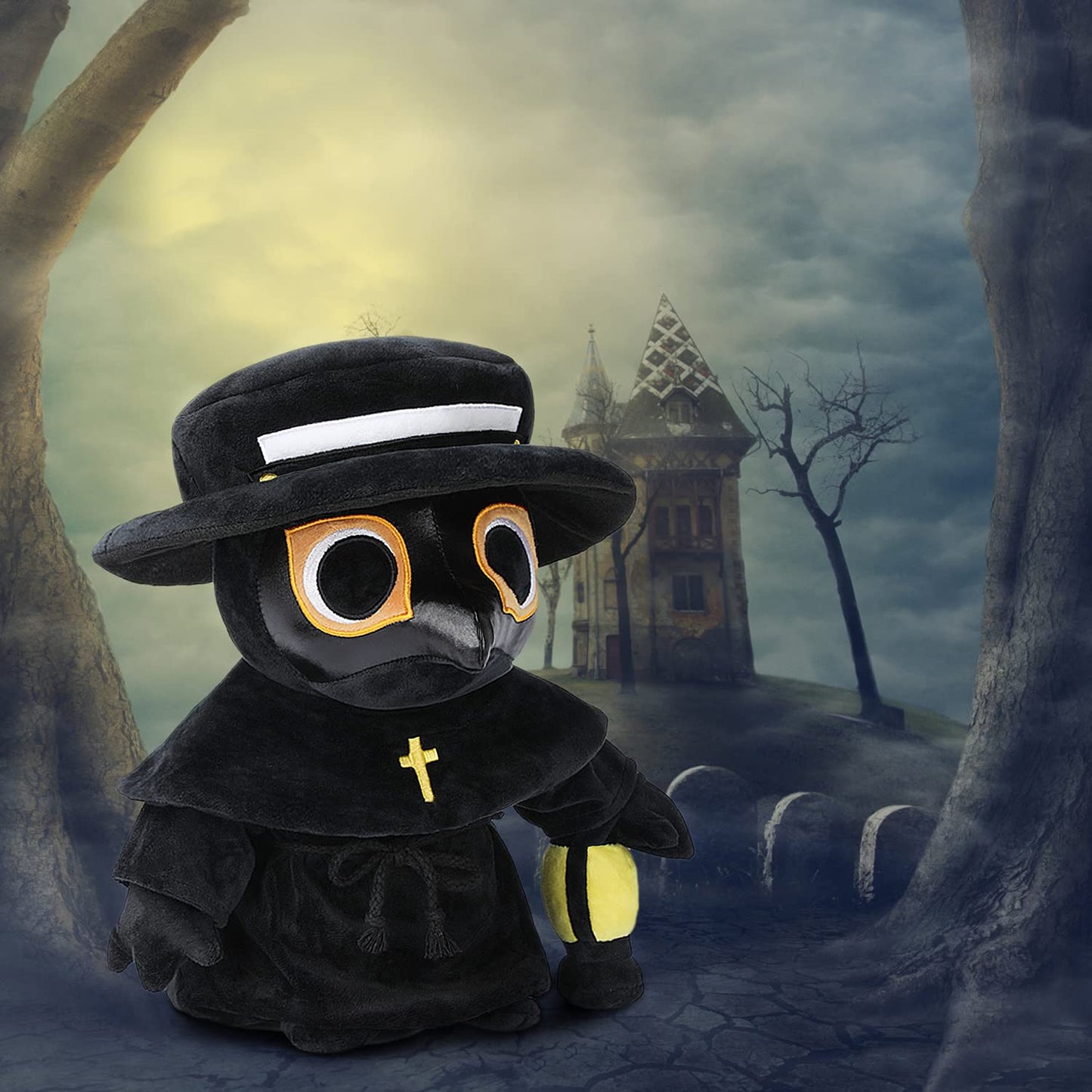 Plague Doctor Plush Toy, 35cm Spook Cute Stuffed Plushie Pillow Doll, Soft Fluffy Halloween Hugging Cushion Decor, Present for Kids and Adults