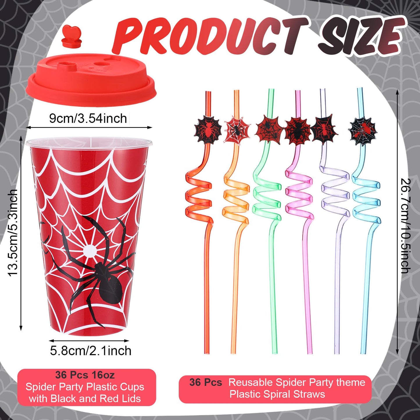 Maxcheck 36 Sets Spider Party Favors Goodie Cups with Lids and Straws for Birthday Decorations 36Pcs 16oz Plastic Cups Reusable Plastic Straws for Birthday Party (Spider)