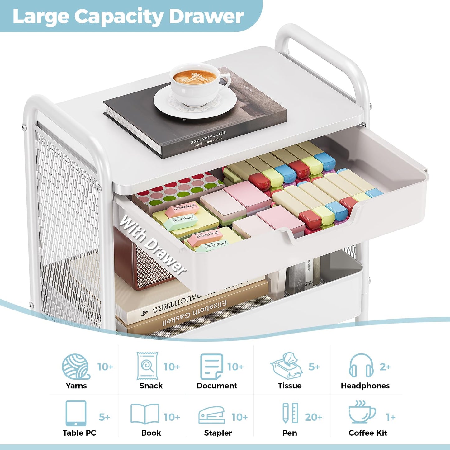 3 Tier Metal Rolling Utility Cart with Drawer & Pegboard - Multifunctional Storage Cart on Wheels with Tabletop, Hooks & Basket, Sturdy Craft & Art Cart for Bathroom, Bedroom, Children Room, White