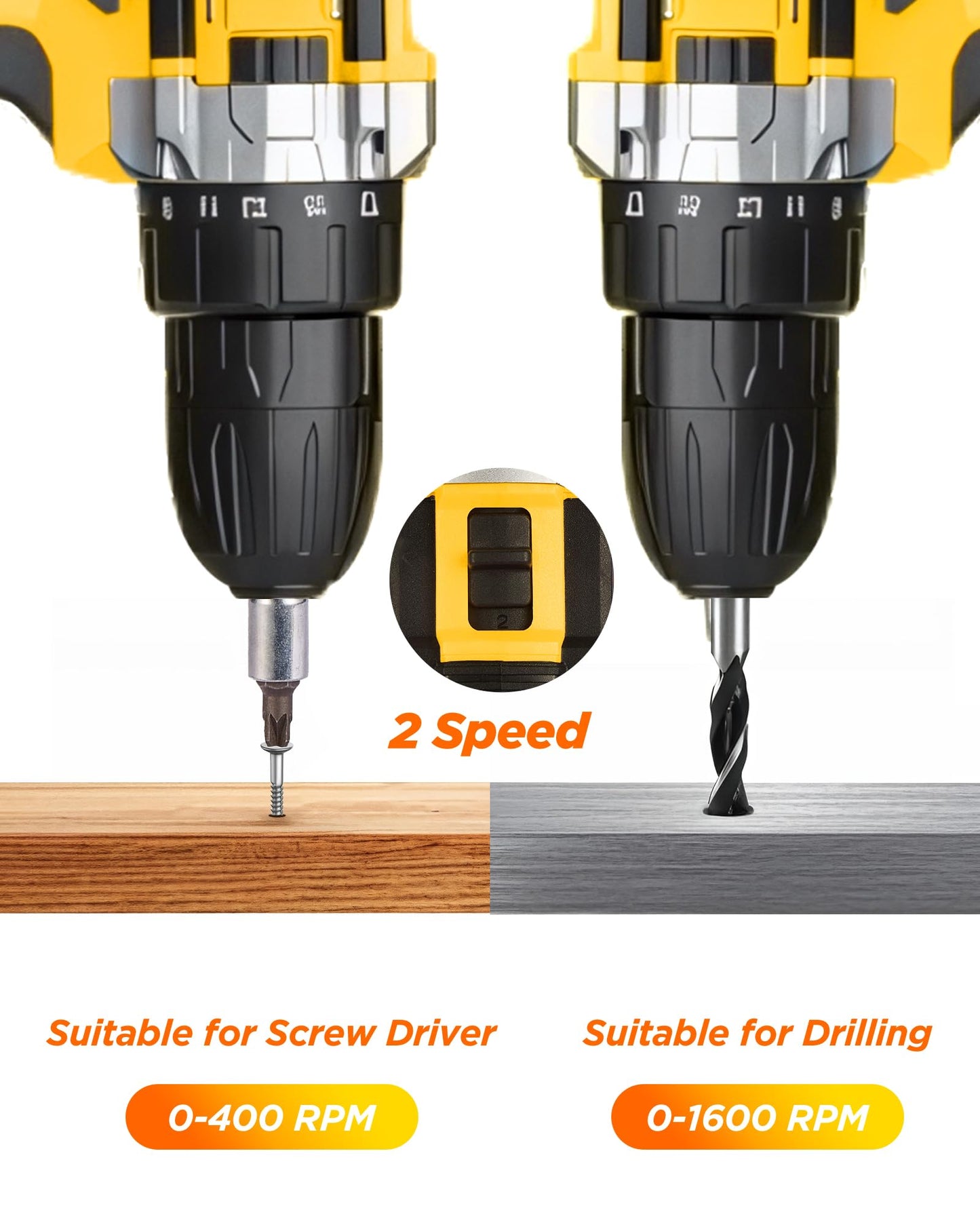 Drill, 21V Cordless Drill with Dual 2.0Ah Power Pack, Electric Drills 3/8 Inch Chuck 370 In-lbs, 25+1 Torque Power Combi Screwdriver Set with Power Pack and Charger, 2 Speed LED Light 29 Accessories