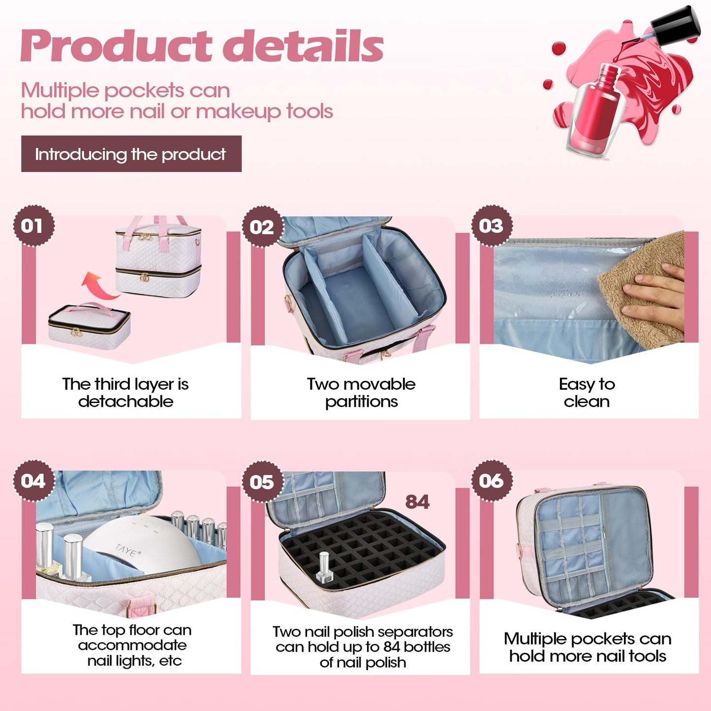 Cheungren Nail Polish Organizer Case - Three Layer Nail Polish Storage Bag with Adjustable Dividers Holds 84 Bottles Nail Polish Nail Lamp Nail Kit Supplies Organizer Box - Pink