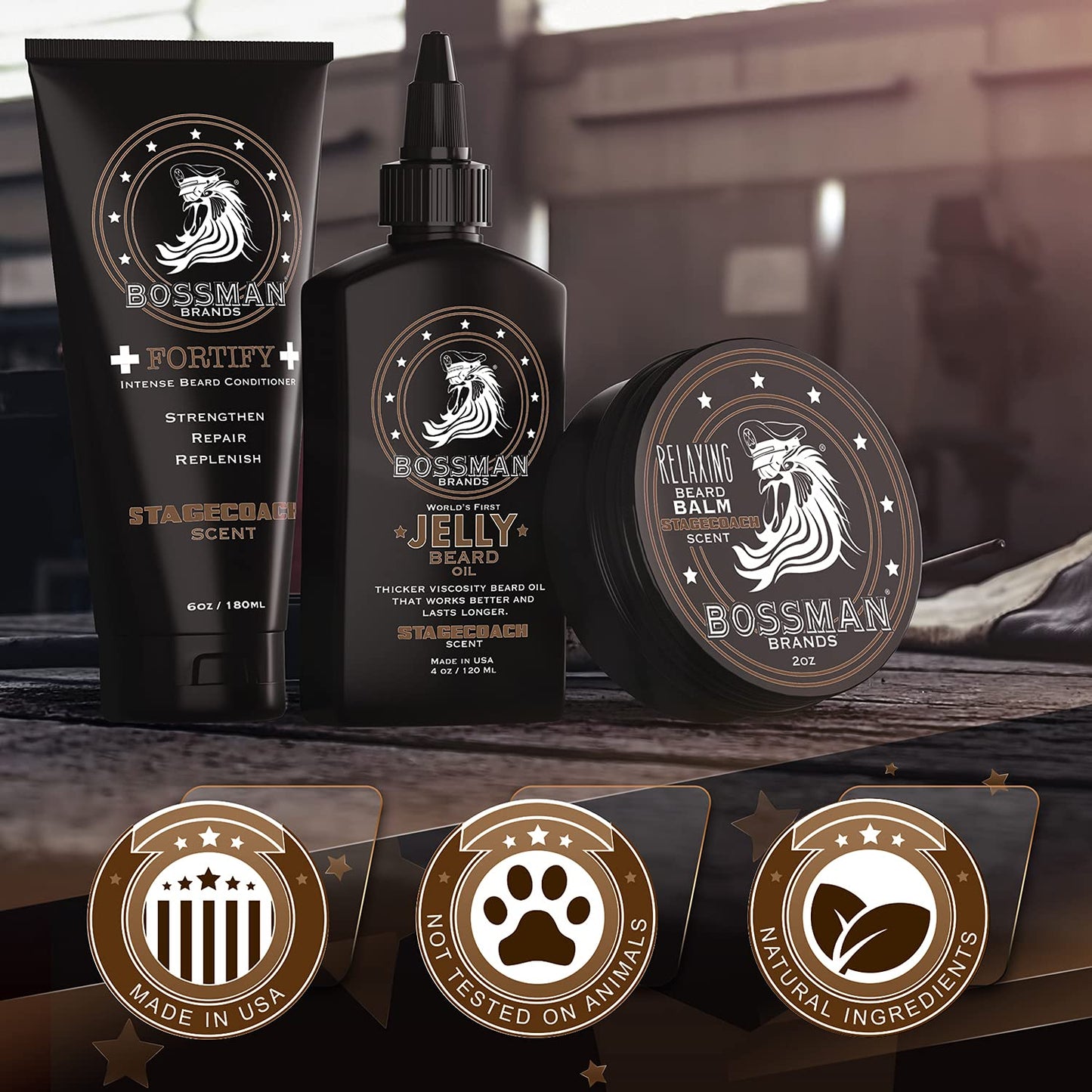 Bossman Essentials Beard Kit for Men – Beard Oil Jelly, Fortifying Conditioner Cream & Beard Balm – Grooming Care Accessories (Stachecoach Scent)