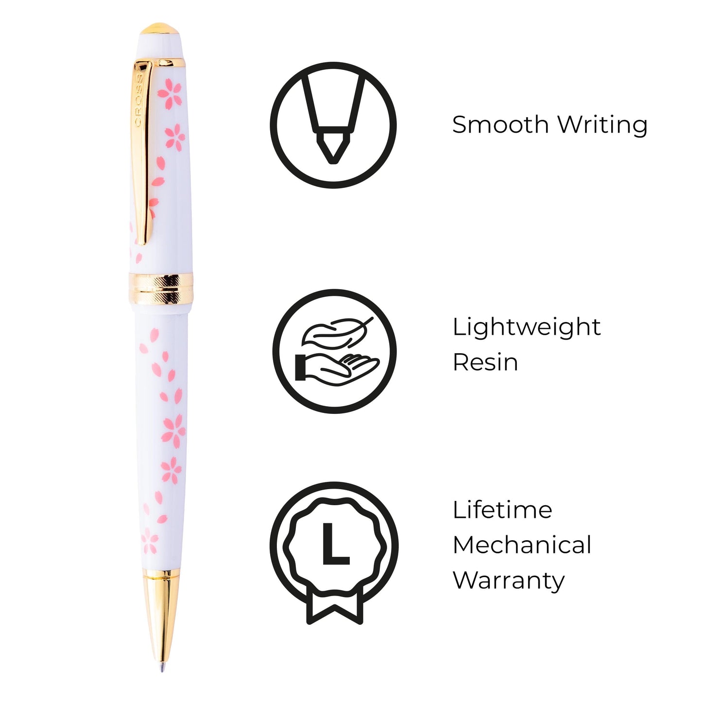 Cross Bailey Light Cherry Blossom Glossy White Resin Ballpoint Pen - Professional Pen for Effortless Writing - Journaling, Note-Taking & More - Black Ink - Easy Handling - Includes Gift Box