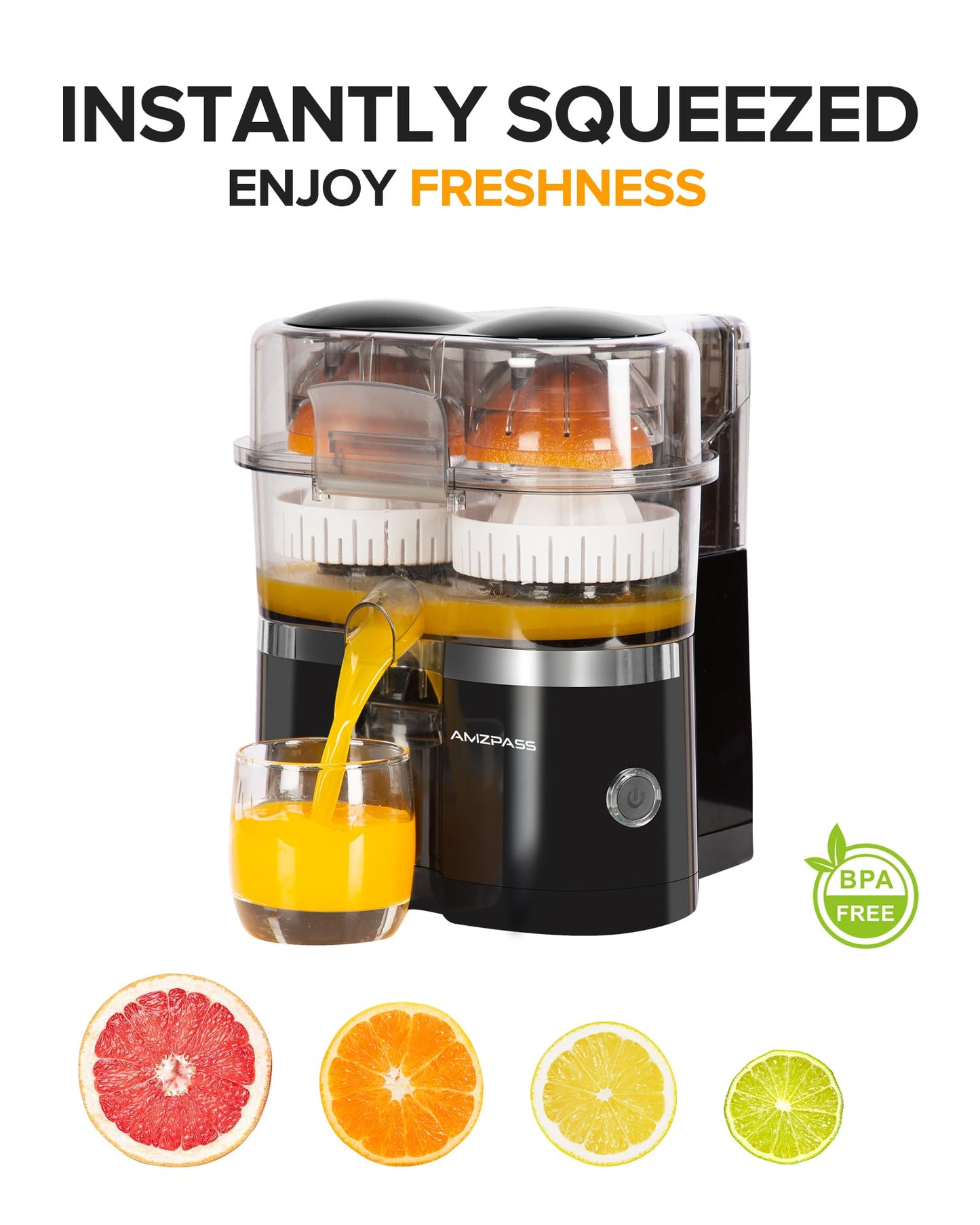 Amzpass Dual-Head Electric Citrus Juicer, Lemon Squeezer with Power Cord and Cleaning Brush, 1-Button Automatic Juicer Machine for Orange, Lemon, Lime, Easy to Clean & Use, Built-in Cutter(Black)