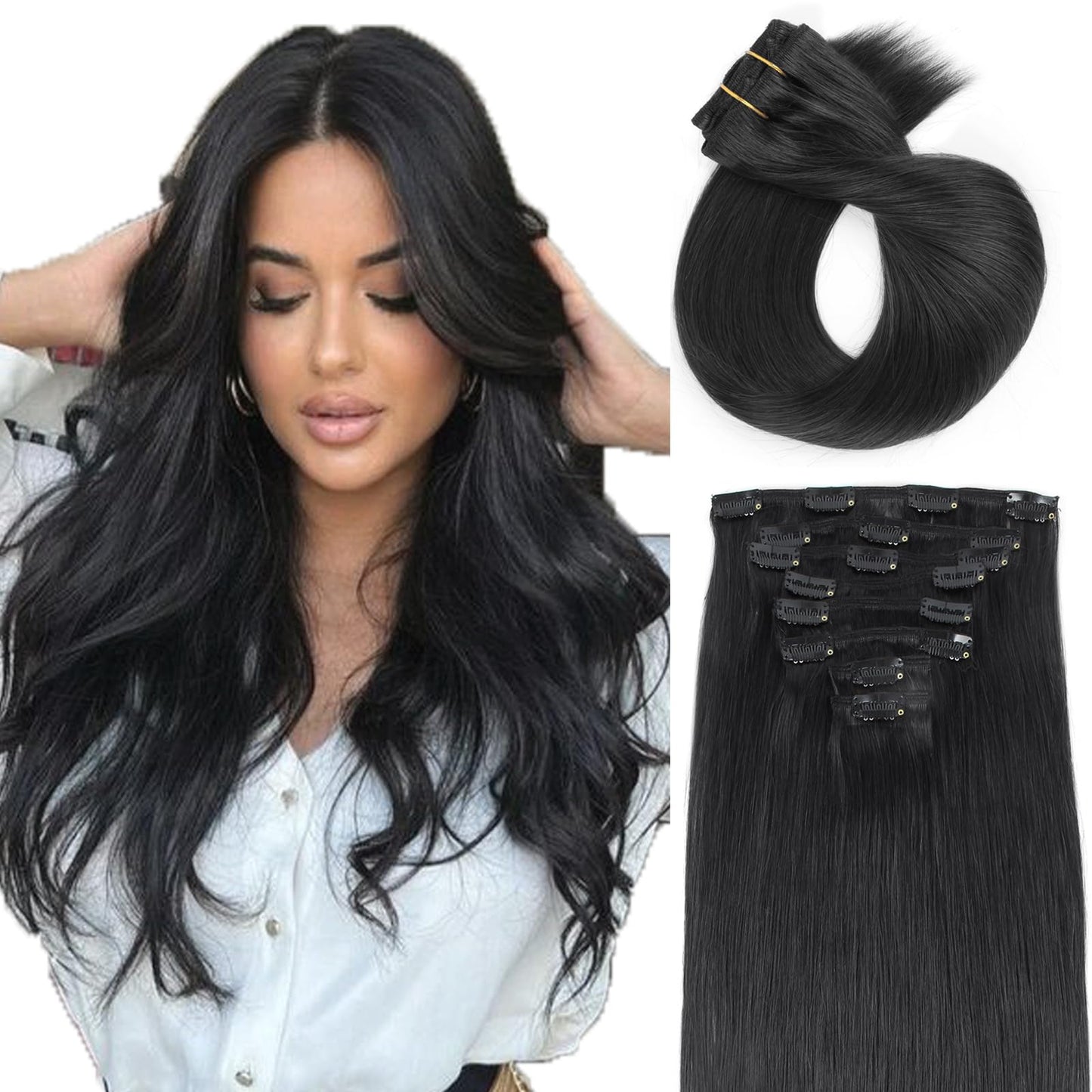 ABH AMAZINGBEAUTY HAIR Clip in Hair Extensions Real Human Hair Clip Extensions Real Human Hair Clip ins Black Silky and Soft Full Head Clip ins Human Hair Jet Black #1 Color 8 Pcs 14inch 120g
