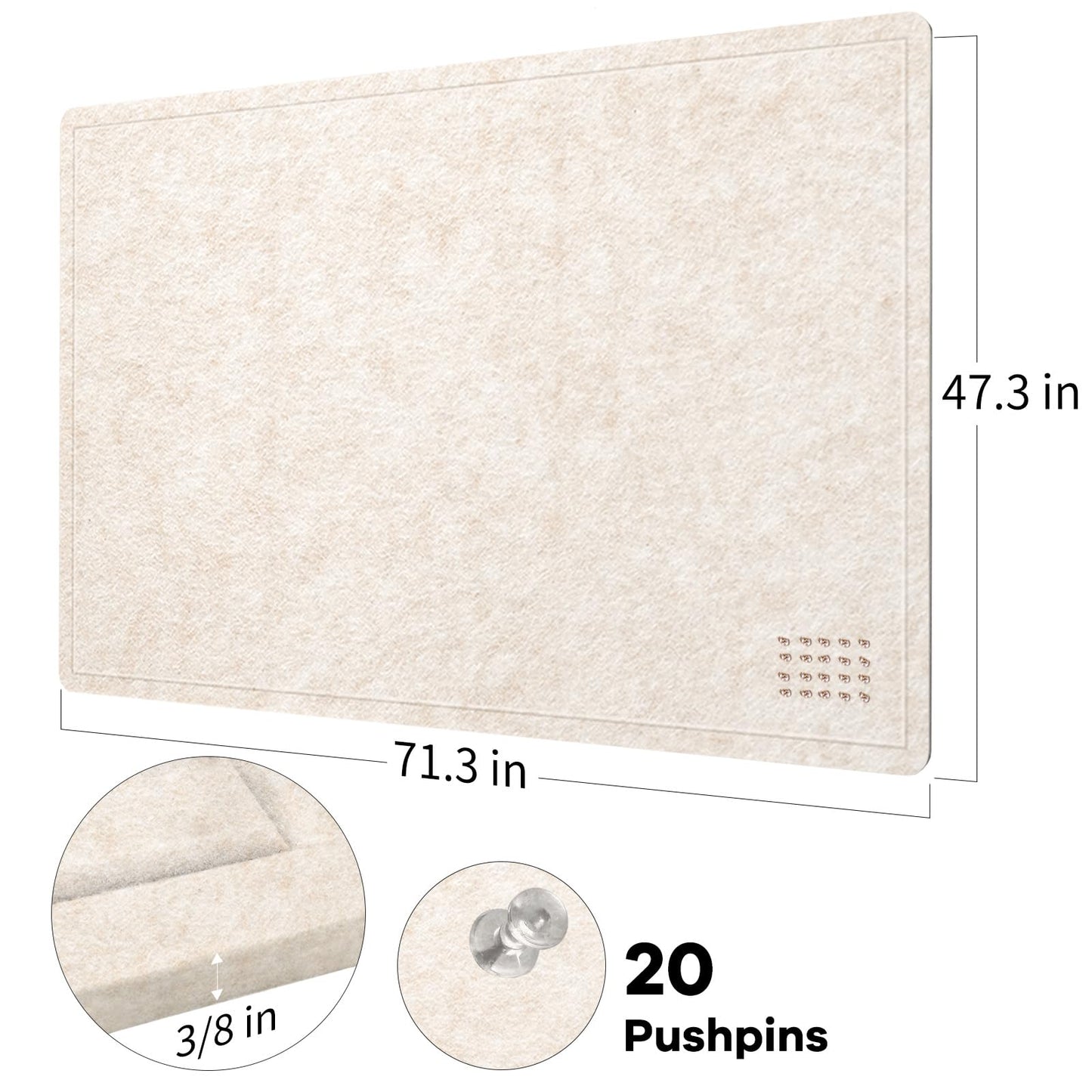 Large Bulletin Board - 72 x 48 Inches, Decorative Felt Pin Board for Wall - 6' x 4' Foldable Photo Display Board with Self-Adhesive Tape, Includes 20 Push Pins - Oatmeal