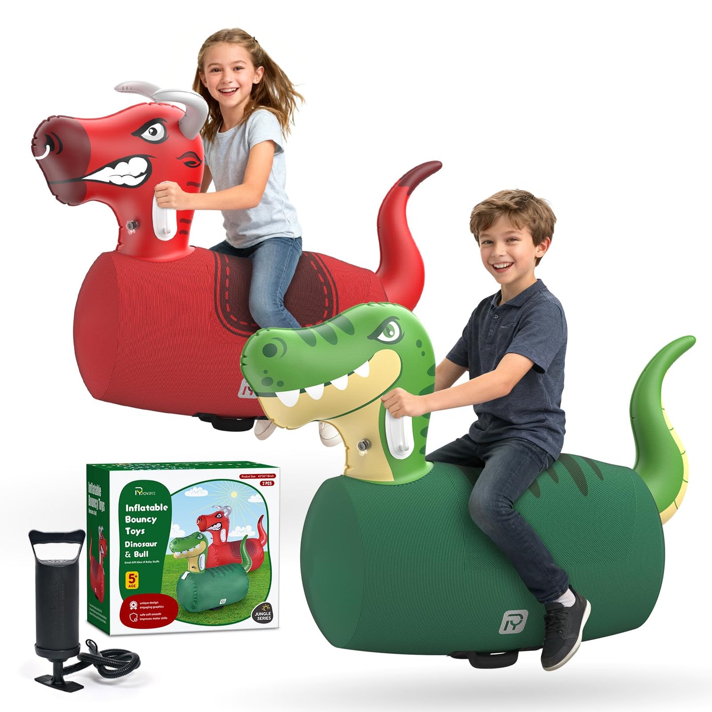 POVRYE 2 PCS Inflatable Bouncy Dinosaur Bull Hopper Toys with Pump, Giant Ride on Jumping Animals Outdoor Play Toys, 220 lbs Capacity, Indoor Bouncers for Kids Ages 5+, Fun Gift for Boys Girls