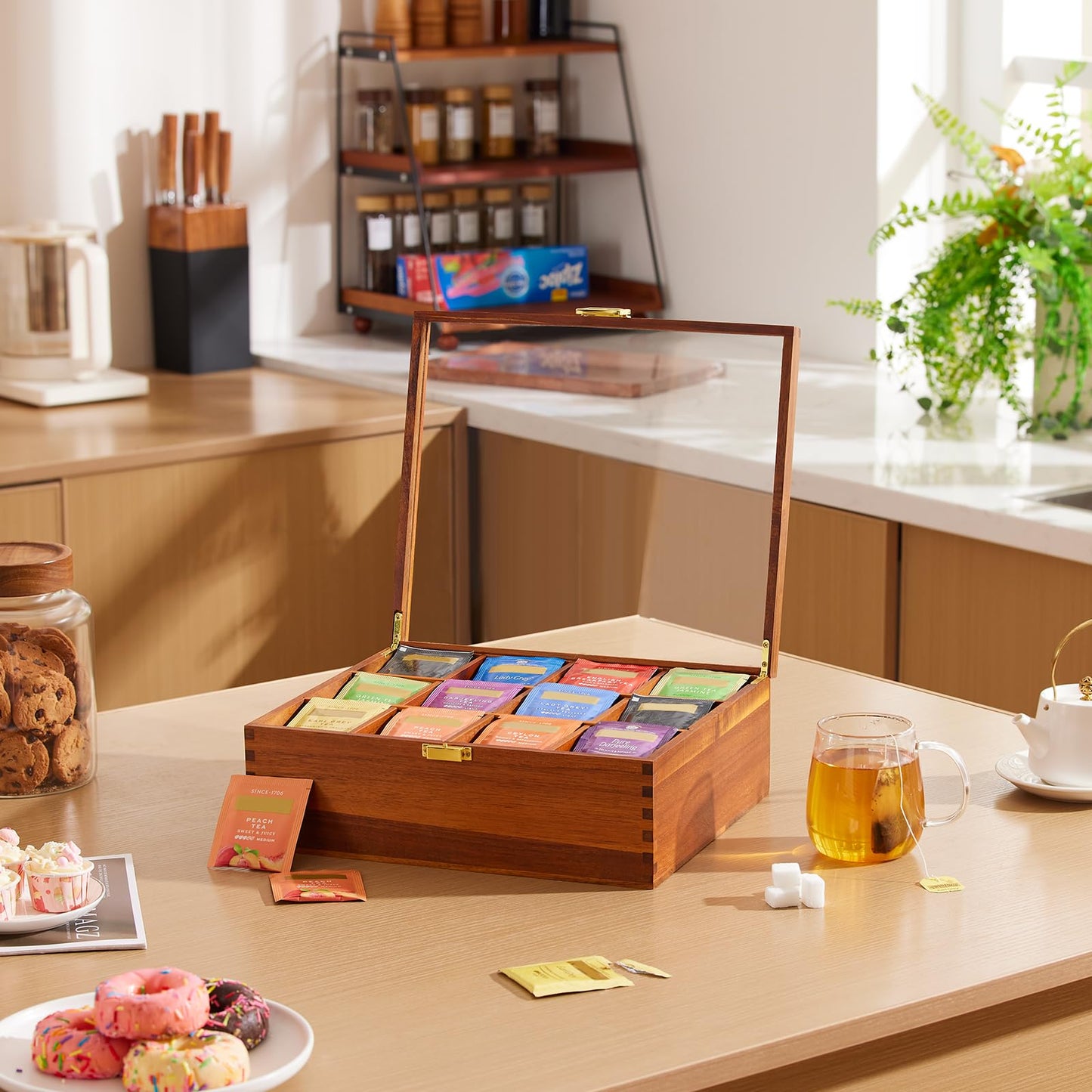 HouseJoy Tea Bag Organizer, Acacia Wood Tea Storage Box, 12 Compartments Tea Bags Storage Drawer with Clear Glass Window, Tea Bag Holder for Countertop Kitchen Cabinet Pantry - Keeps Tea Bags Fresh