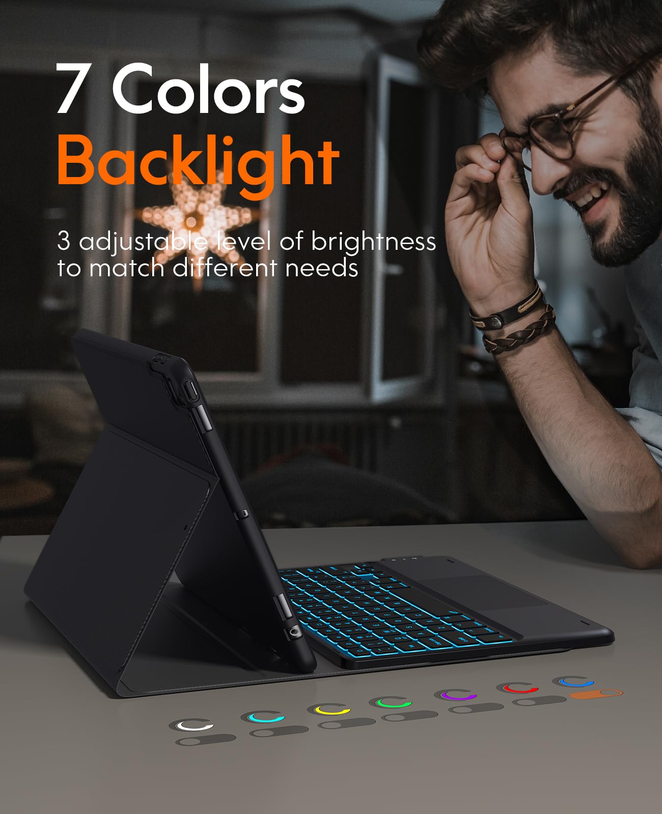 CHESONA for iPad 9th Generation Case with Keyboard, 7 Color Backlit, Multi-Touch Trackpad, Built-in Pencil Holder, 2 Bluetooth Channels, Flip Stand Keyboard Case for iPad 9th/8th/7th Gen 10.2” Black