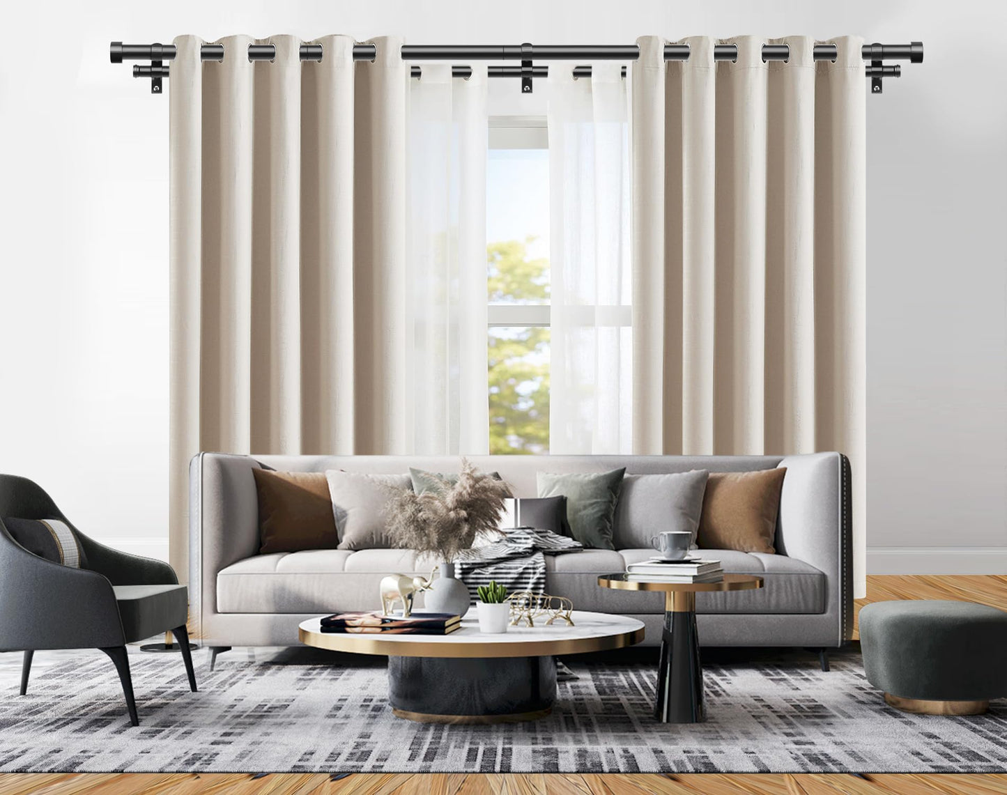 KAMANINA 1 Inch Double Curtain Rods 66 to 120 Inches (5.5-10 Feet), Heavy Duty Adjustable Double Curtain Rod for Windows, Black Drapery Rods with End Caps
