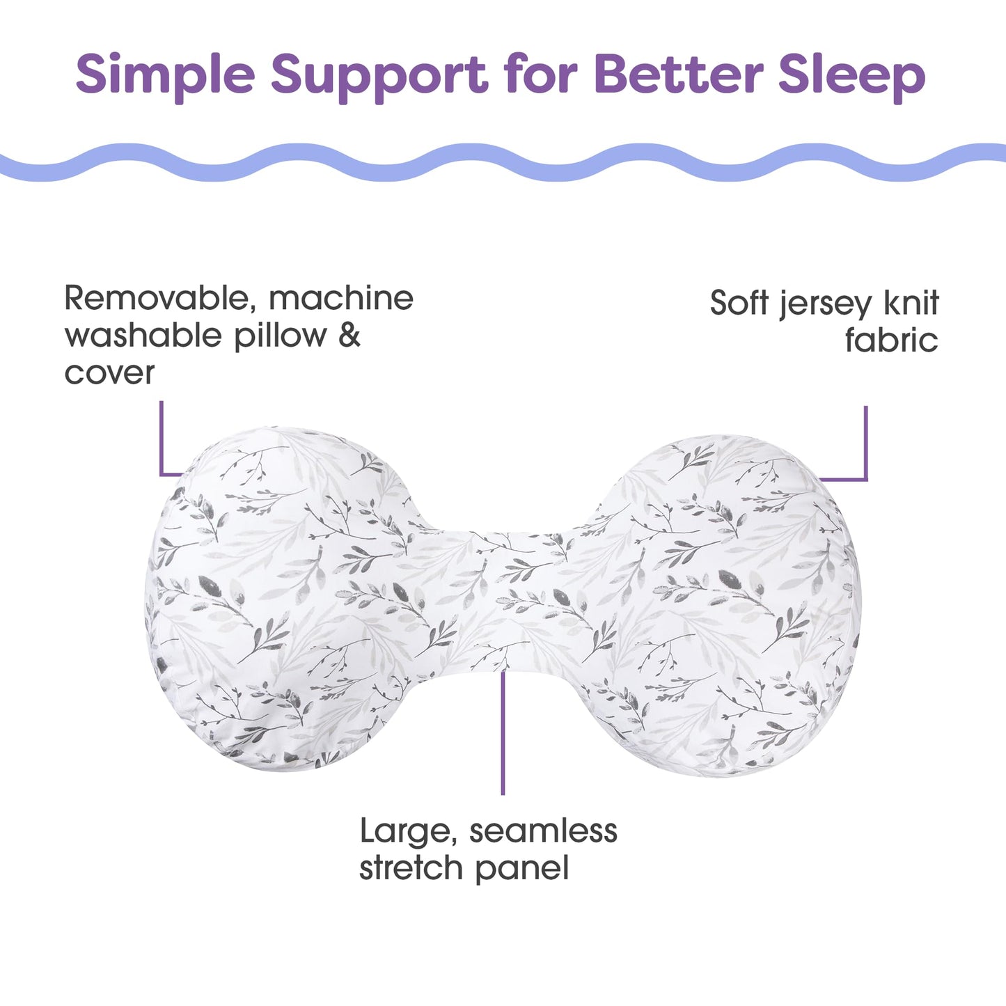 Boppy Side Sleeper Pregnancy Pillow, Gray Falling Leaves, Portable, Supportive Pregnancy Pillows for Sleeping on Your Side, Stay-Put Design with Stretchy Center Panel That Grows with Your Bump