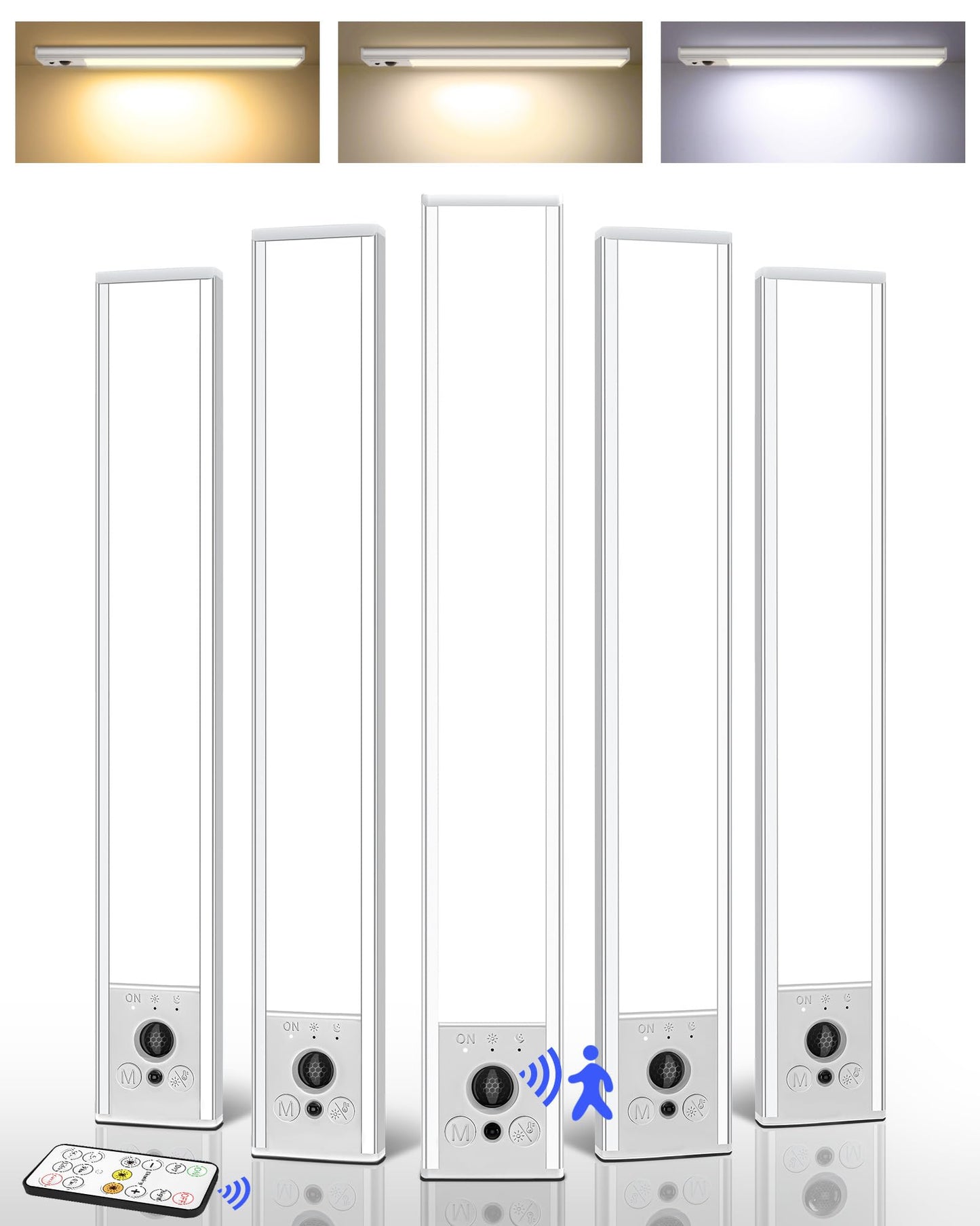 EZVALO 5-Pack Under Cabinet Lighting, 3300mAh Rechargeable Motion Sensor Light, 12inch Magnetic Closet Lights with Dimmable & 3 Color Temps, Wireless Motion Activated Lights with Remote for Kitchen