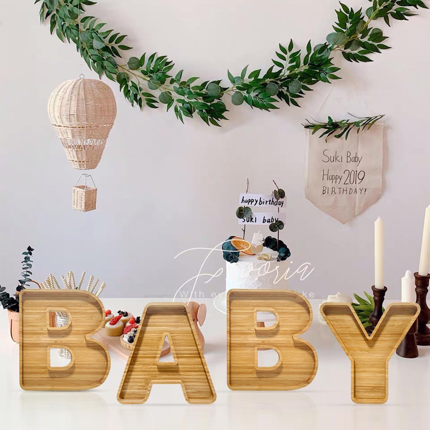 4Pcs Baby Shower Wooden Charcuterie Baby Shaped Letter Serving Tray Board Dish Decorative Platter for Snack Food Cake Cookies for Baby Shower Birthday Party(Wood)