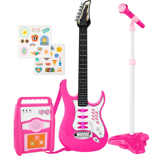 Best Choice Products Kids Electric Musical Guitar Play Set, Toy Guitar Starter Kit Bundle w/ 6 Demo Songs, Whammy Bar, Microphone, Amp, AUX, 2 Sticker Sheets - Pink