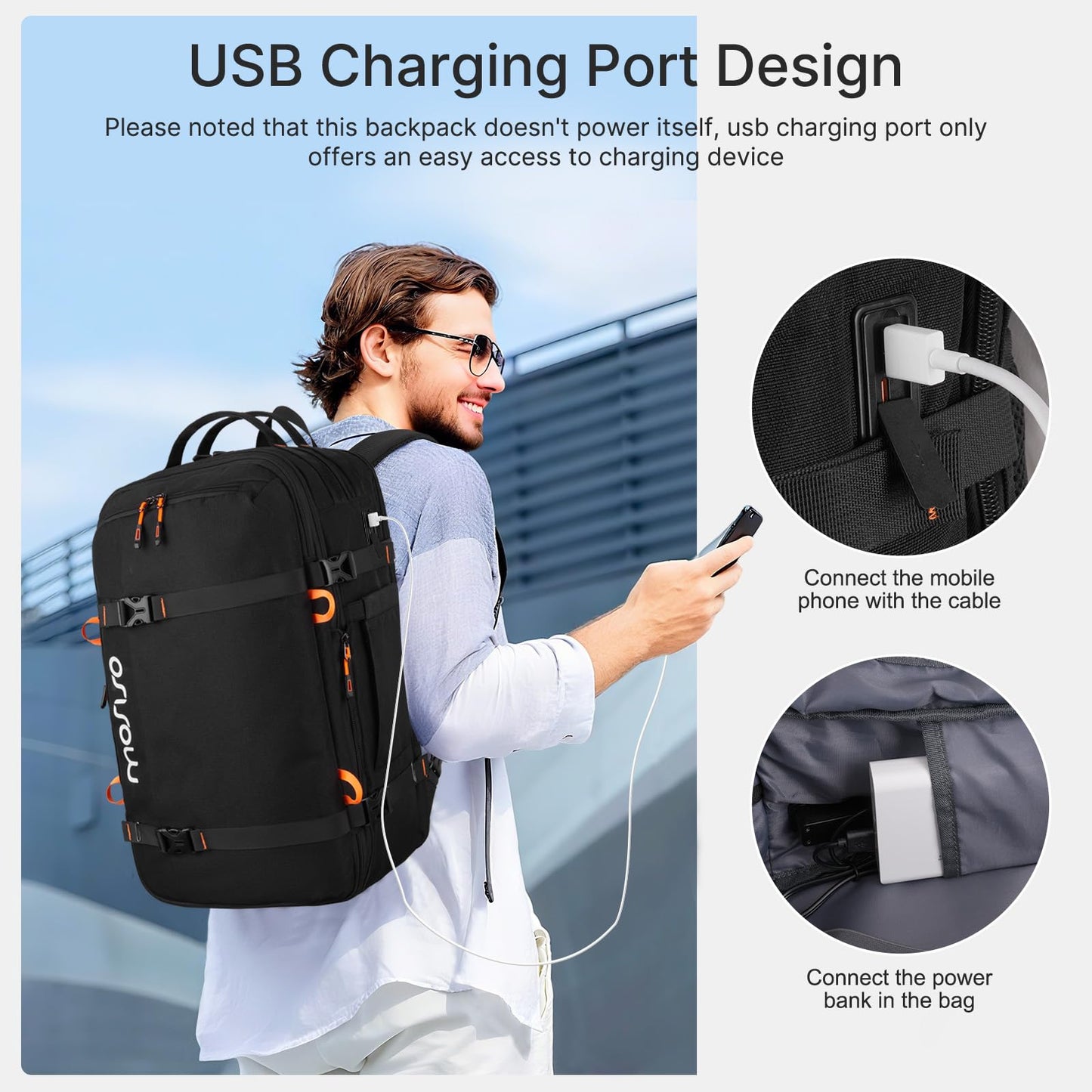 MOSISO 40L Travel Backpack for Men, Large Rucksack Duffel Bag Carry on Daypack with USB Port, Fits 15.6 inch Laptop Backpack, Black