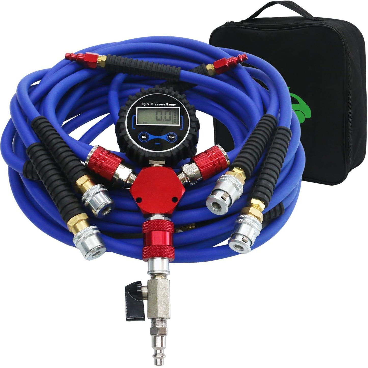 4 Tire Inflation Deflation System, Fits Up to 125" Wheelbase, Rapid High Flow 4 Way Tire Inflator Hose Kit, Universal Tire Pressure Equalizer Kit with Manifold, Digital Gauge, and Storage Bag