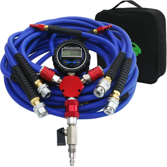4 Tire Inflation Deflation System, Fits Up to 125" Wheelbase, Rapid High Flow 4 Way Tire Inflator Hose Kit, Universal Tire Pressure Equalizer Kit with Manifold, Digital Gauge, and Storage Bag