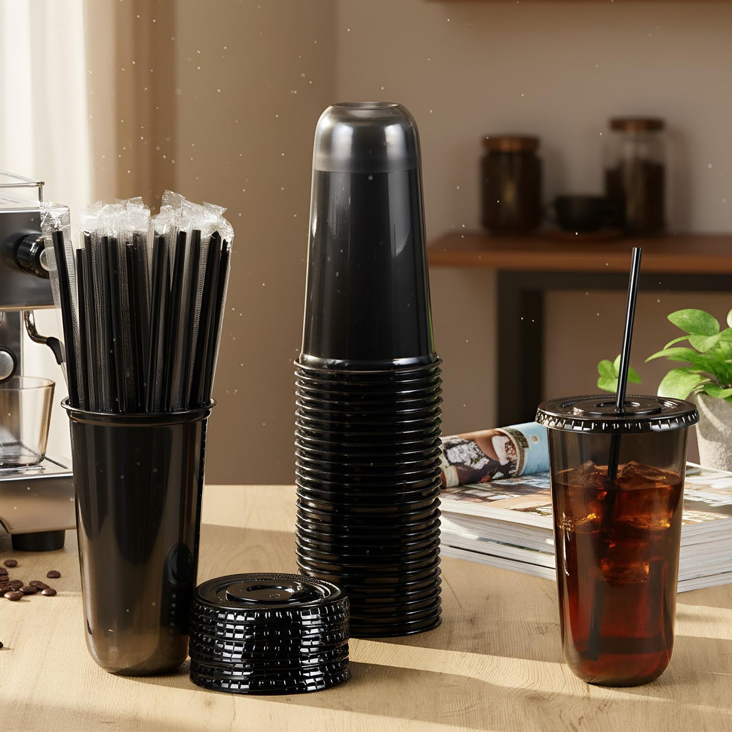 Ziliny 50 Set Clear Plastic Cups with Lids and Straws, PET Disposable Iced Coffee Cups for Drinking Cold Beverage Juice Parfait Smoothie Milkshake Shop Party Supplies (Black Cup & Straw,20 oz)