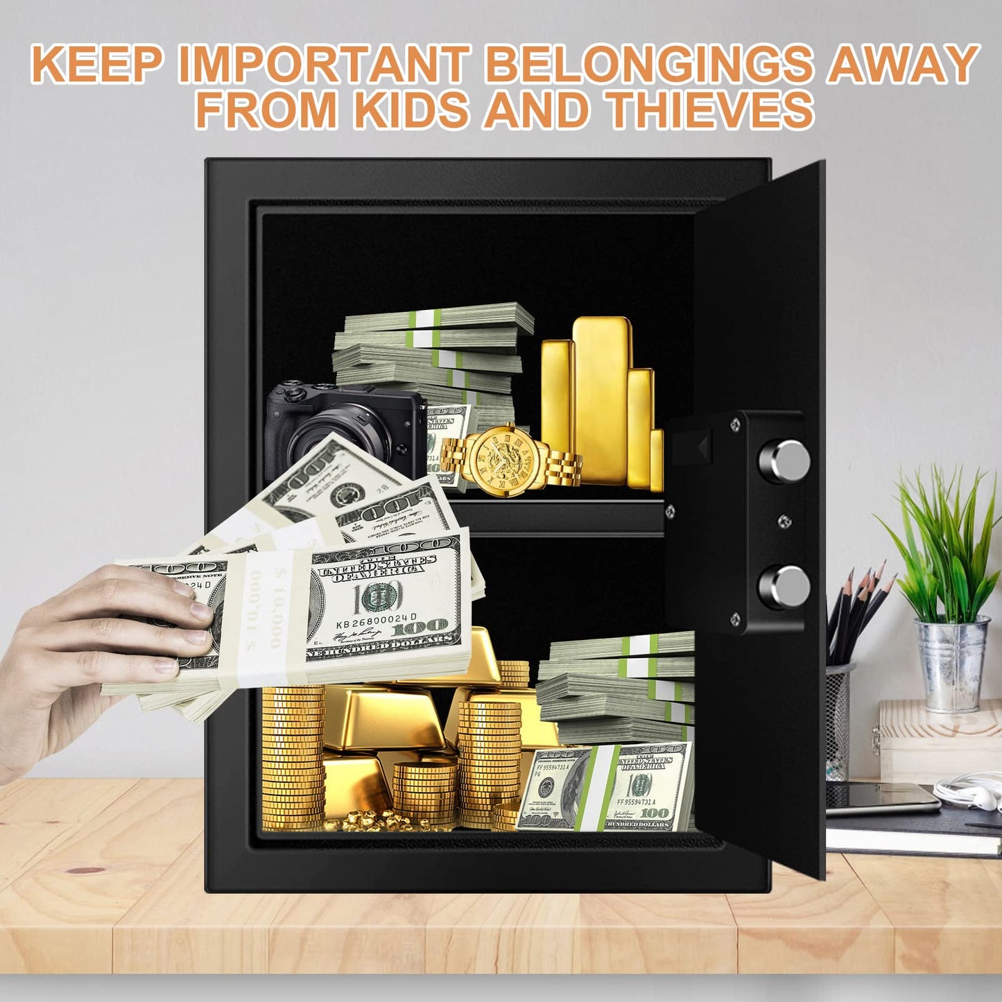 3.0 Cubic Feet Home Safe Fireproof Waterproof, Digital Home Security Safe Box with Programmable Keypad and Spare Keys, Document Safe for Money Firearms Medicine Valuables